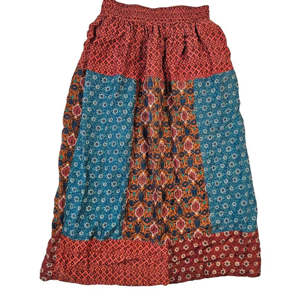 Carole Little 100% Silk Patchwork Maxi Skirt Orange Teal Floral Print Size 10